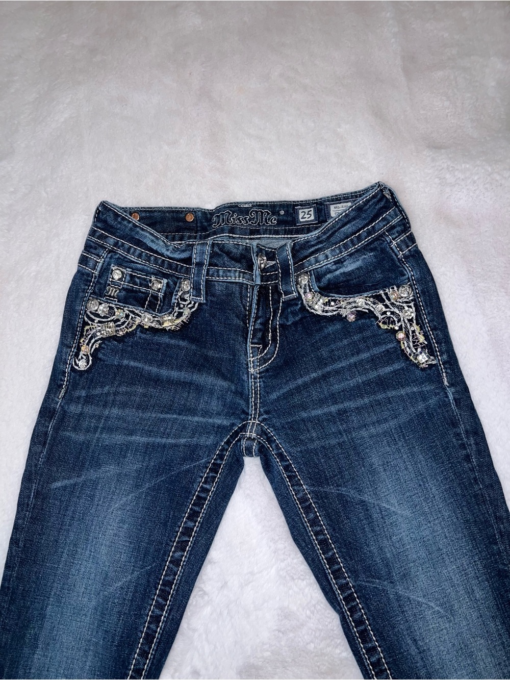 Miss Me Dark Wash Straight Leg Jeans with Embellished Pockets